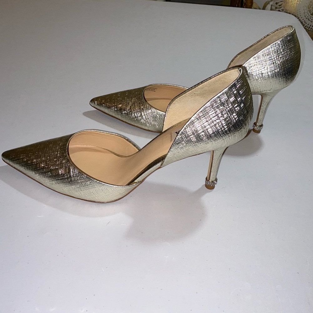 BADGLEY MISCHKA Metallic Gold Heels Rhinestone Trim 10 M - Picture 9 of 16